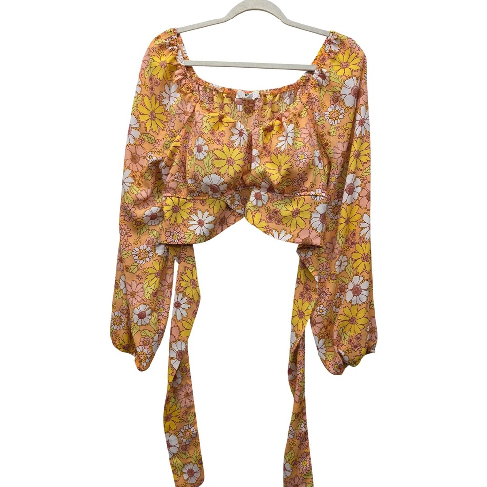 Madden NYC Floral Crop Top XL Orange Yellow Daisy Tie Back Long Sleeve Blouse